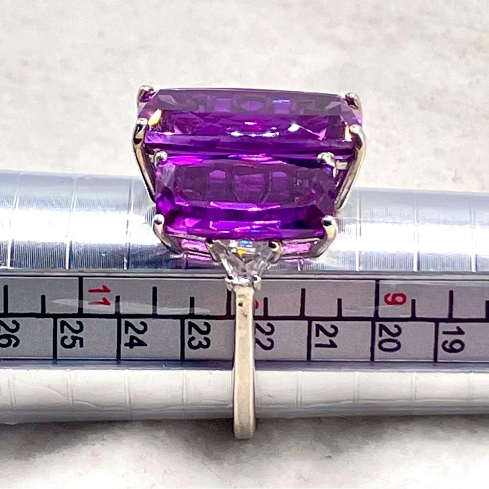 Huge Color Change Lab Sapphire Trilogy Cocktail Ring. Platinum over Sterling - Picture 8 of 16